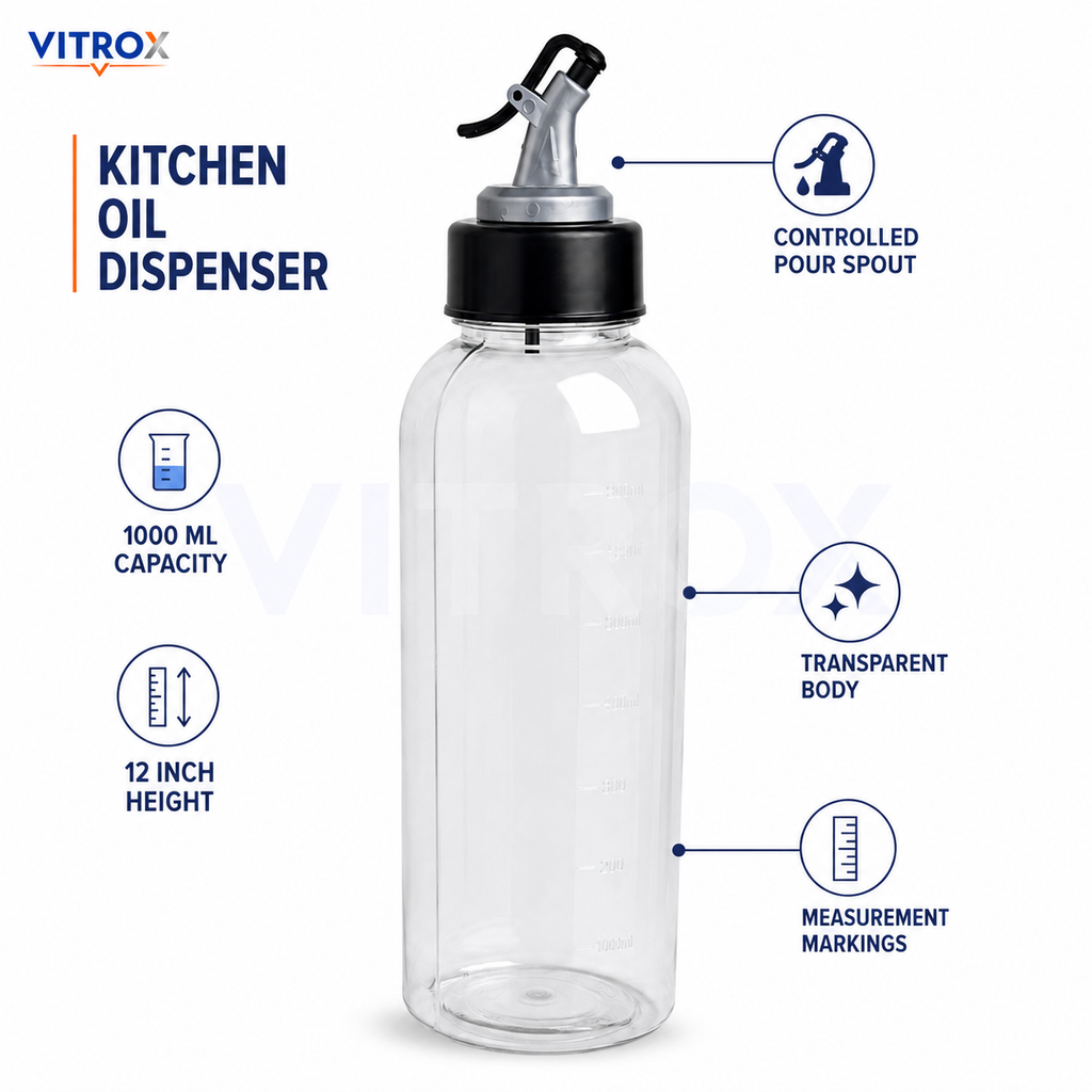 Vitrox Kitchen Oil Dispenser Bottle 1000ml – Transparent Oil Pourer with Nozzle Cap & Measurement Marking