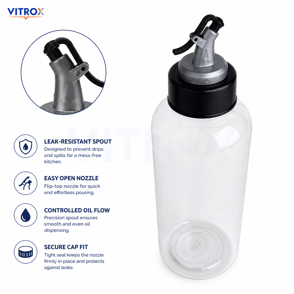 Vitrox Kitchen Oil Dispenser Bottle 1000ml – Transparent Oil Pourer with Nozzle Cap & Measurement Marking