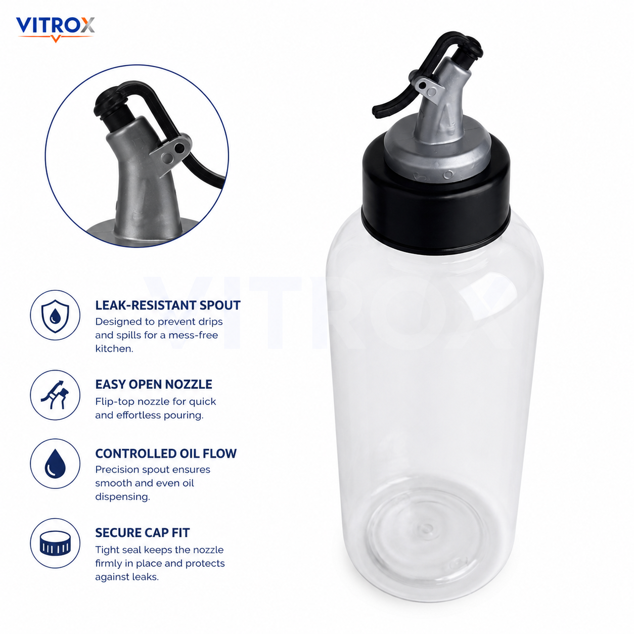 Vitrox Kitchen Oil Dispenser Bottle 1000ml – Transparent Oil Pourer with Nozzle Cap & Measurement Marking
