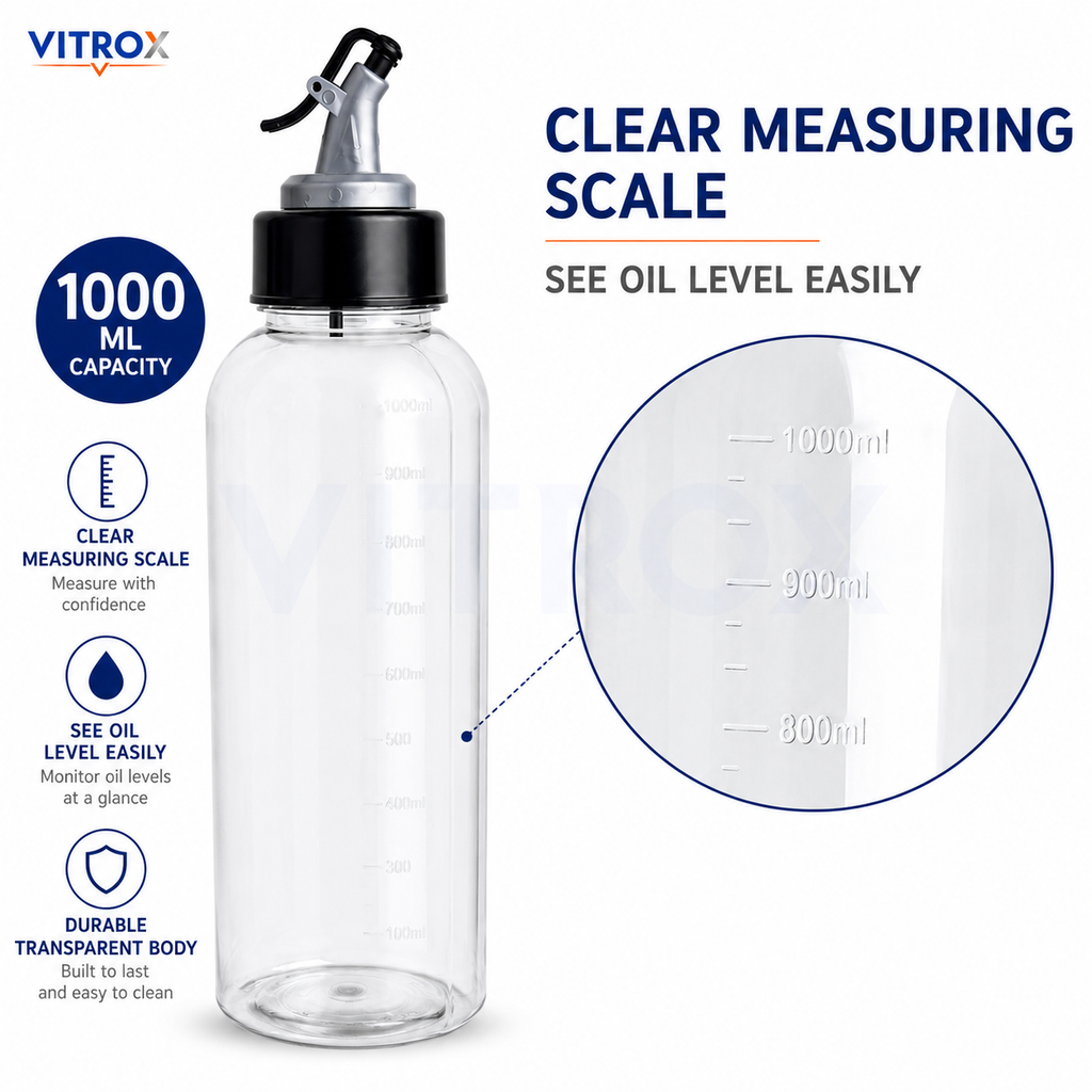 Vitrox Kitchen Oil Dispenser Bottle 1000ml – Transparent Oil Pourer with Nozzle Cap & Measurement Marking