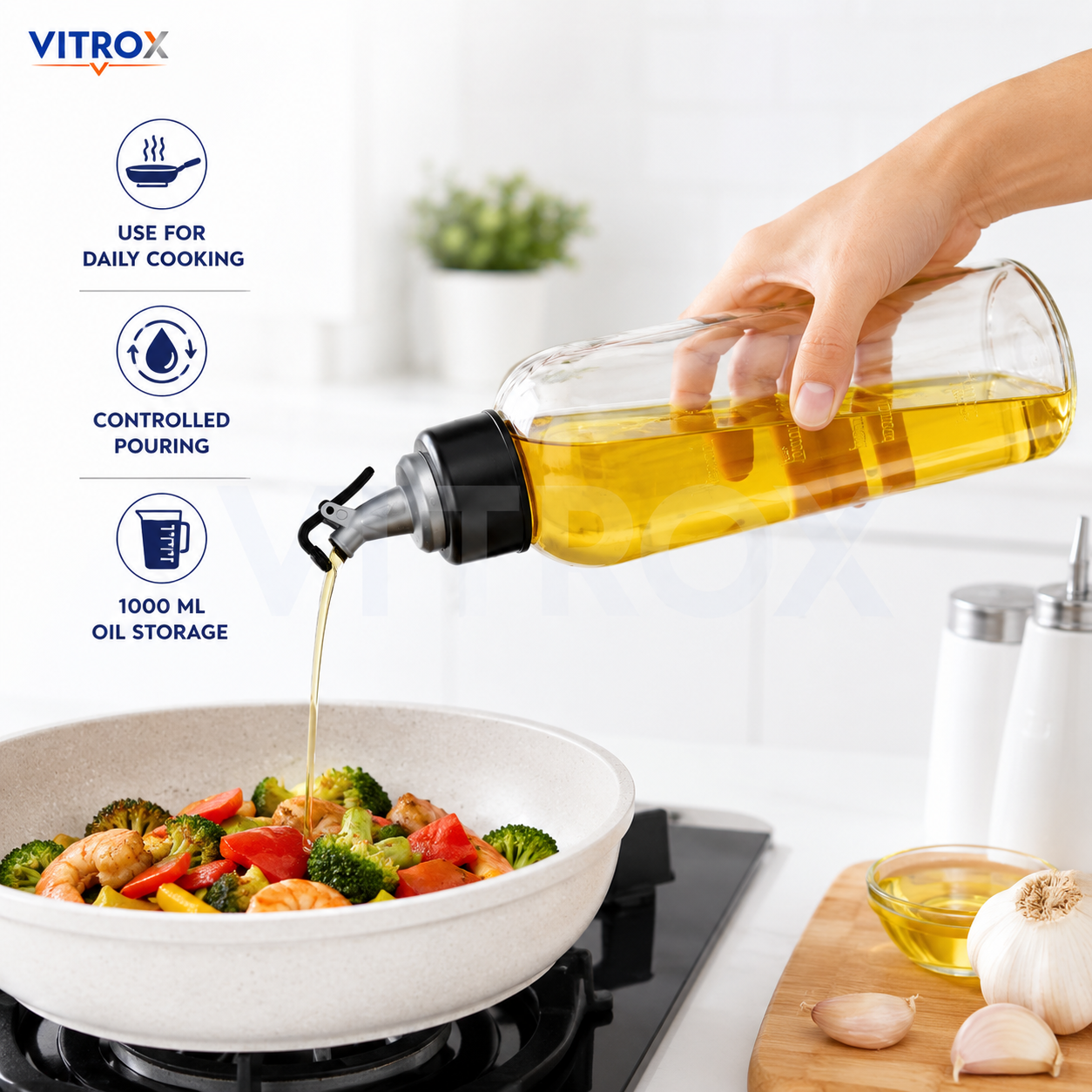Vitrox Kitchen Oil Dispenser Bottle 1000ml – Transparent Oil Pourer with Nozzle Cap & Measurement Marking