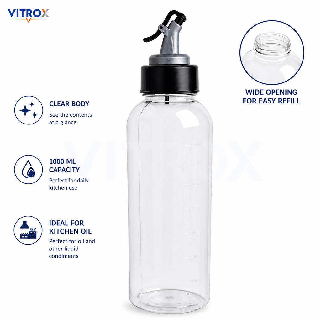Vitrox Kitchen Oil Dispenser Bottle 1000ml – Transparent Oil Pourer with Nozzle Cap & Measurement Marking