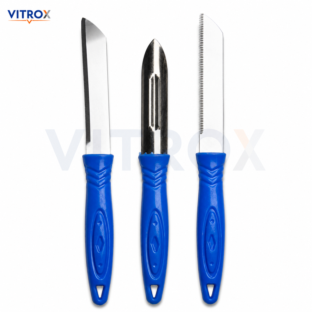 Vitrox 3 Pcs Kitchen Tool Set – Stainless Steel Knife, Peeler & Serrated Knife with Blue Handle