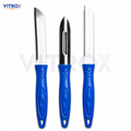 Vitrox 3 Pcs Kitchen Tool Set – Stainless Steel Knife, Peeler & Serrated Knife with Blue Handle