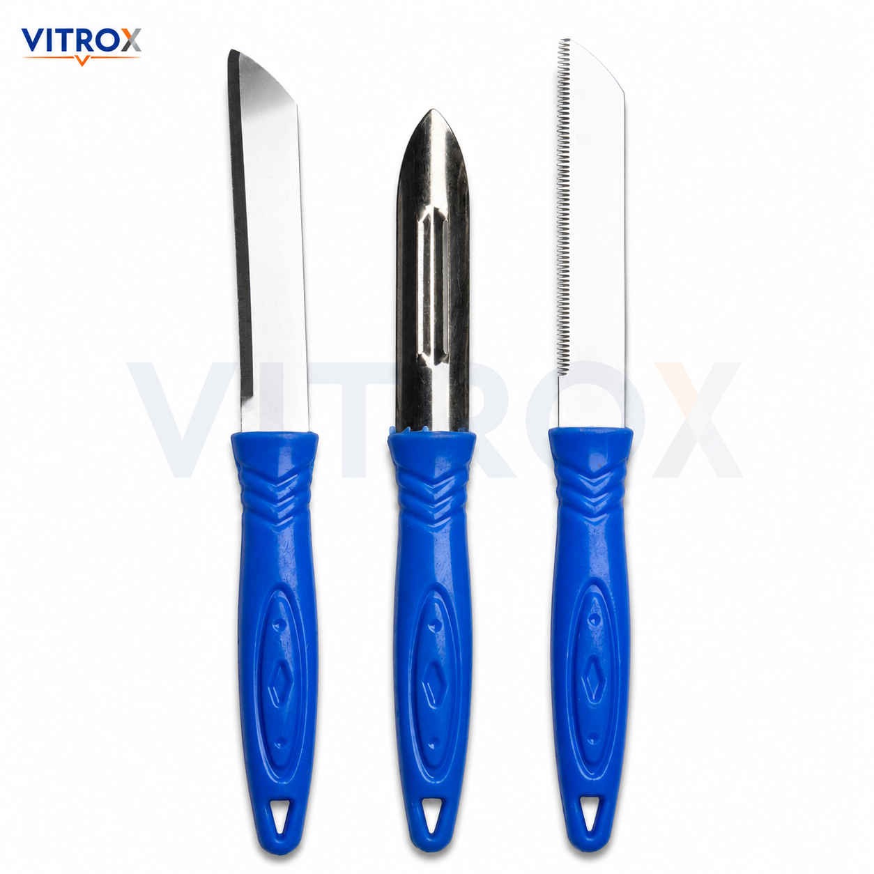 Vitrox 3 Pcs Kitchen Tool Set – Stainless Steel Knife, Peeler & Serrated Knife with Blue Handle