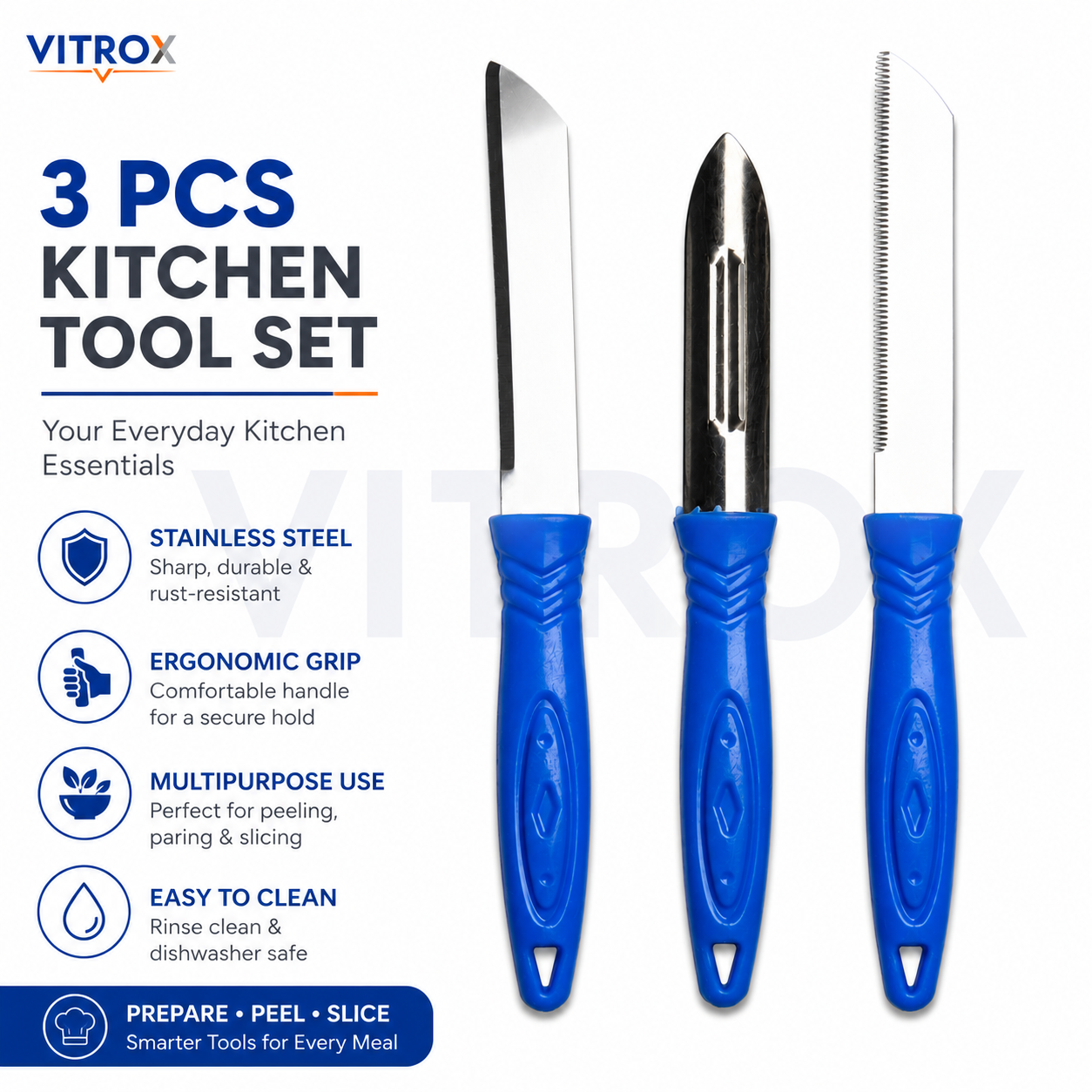 Vitrox 3 Pcs Kitchen Tool Set – Stainless Steel Knife, Peeler & Serrated Knife with Blue Handle