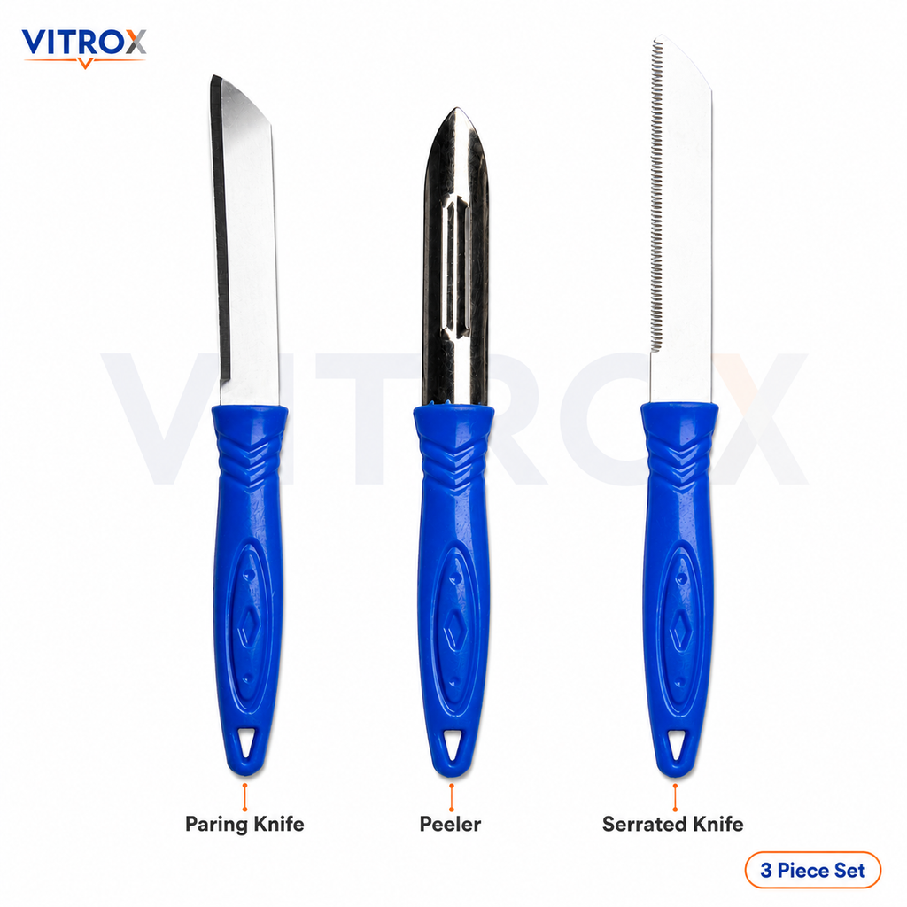 Vitrox 3 Pcs Kitchen Tool Set – Stainless Steel Knife, Peeler & Serrated Knife with Blue Handle