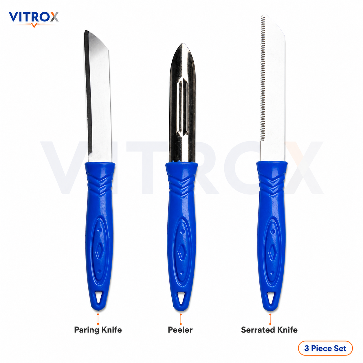 Vitrox 3 Pcs Kitchen Tool Set – Stainless Steel Knife, Peeler & Serrated Knife with Blue Handle