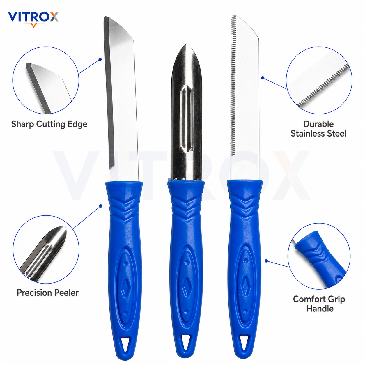 Vitrox 3 Pcs Kitchen Tool Set – Stainless Steel Knife, Peeler & Serrated Knife with Blue Handle