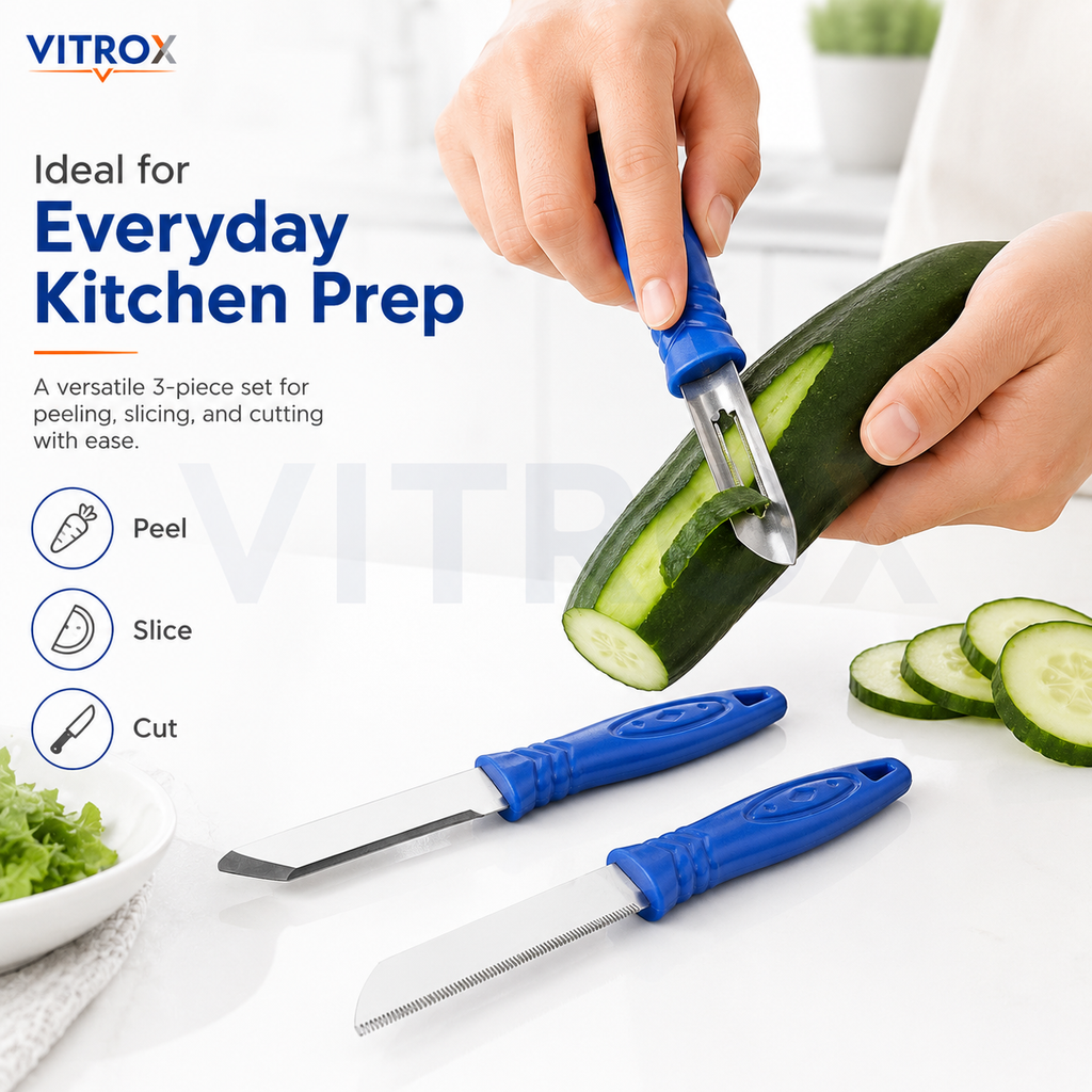 Vitrox 3 Pcs Kitchen Tool Set – Stainless Steel Knife, Peeler & Serrated Knife with Blue Handle