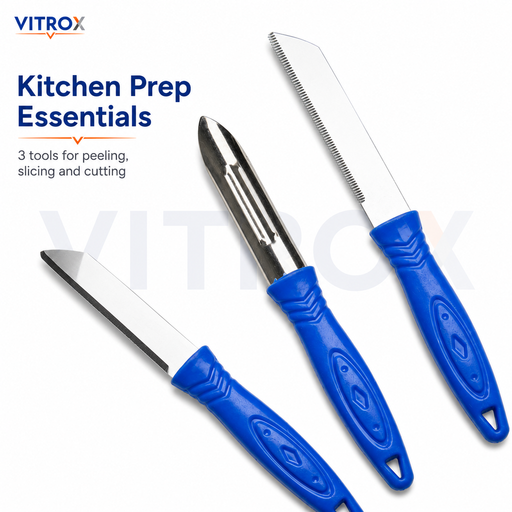 Vitrox 3 Pcs Kitchen Tool Set – Stainless Steel Knife, Peeler & Serrated Knife with Blue Handle