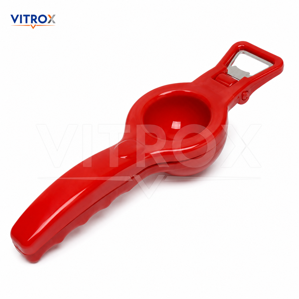 Vitrox 2 in 1 Manual Lemon Squeezer with Bottle Opener – Red Plastic Citrus Juicer for Kitchen