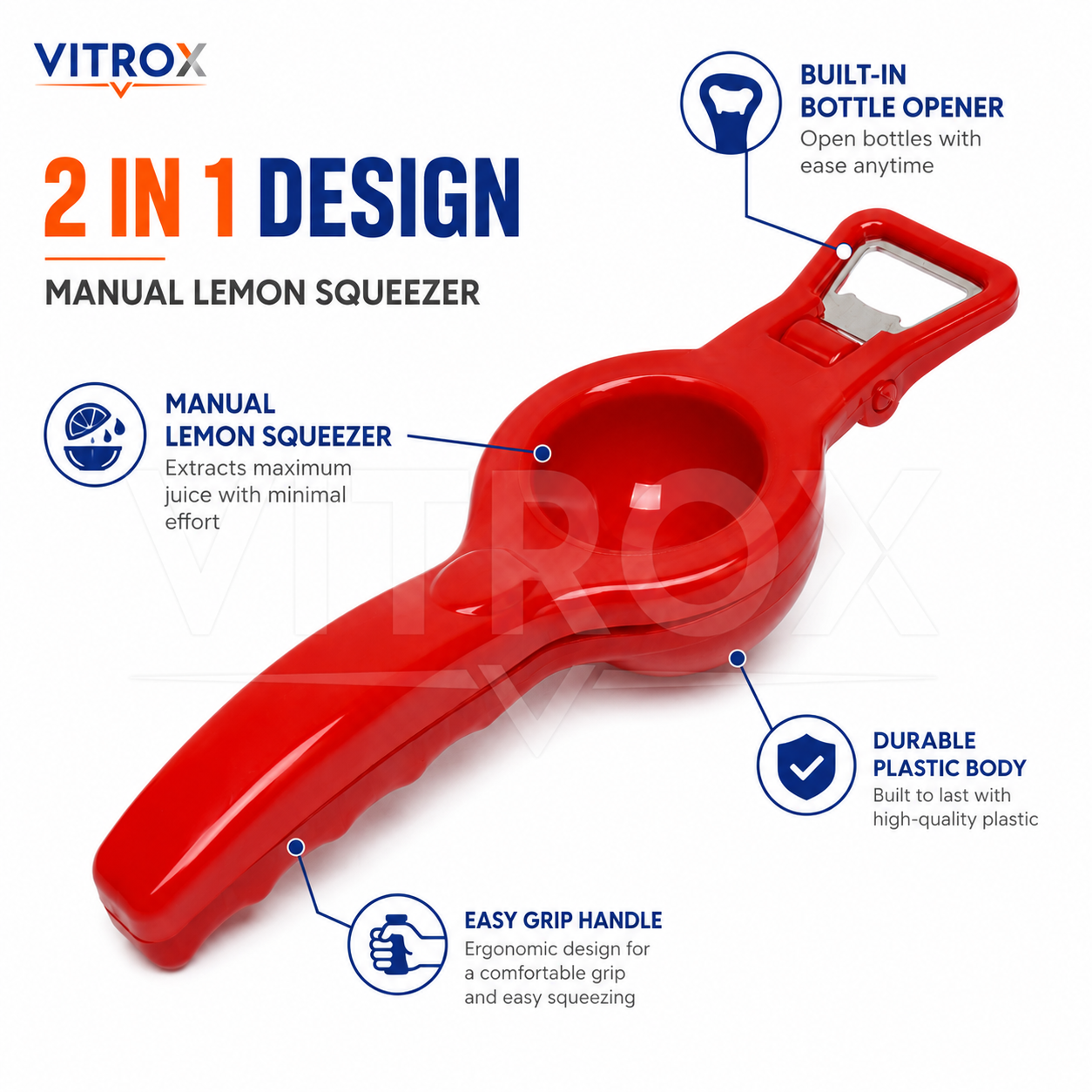 Vitrox 2 in 1 Manual Lemon Squeezer with Bottle Opener – Red Plastic Citrus Juicer for Kitchen