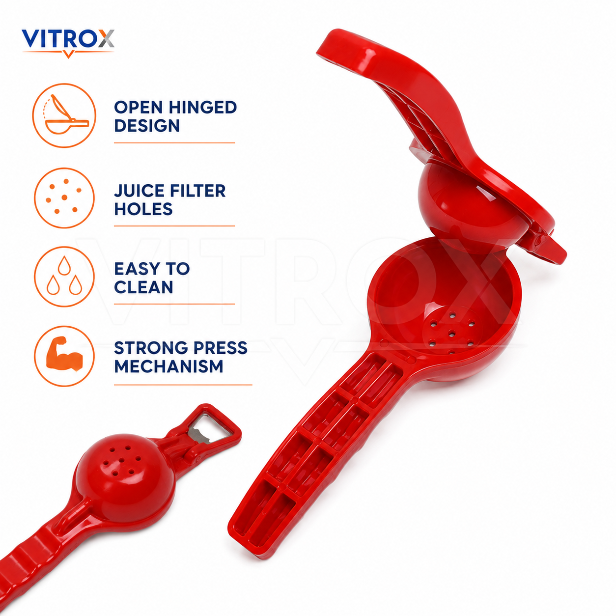 Vitrox 2 in 1 Manual Lemon Squeezer with Bottle Opener – Red Plastic Citrus Juicer for Kitchen