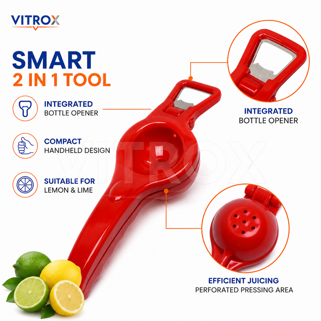 Vitrox 2 in 1 Manual Lemon Squeezer with Bottle Opener – Red Plastic Citrus Juicer for Kitchen