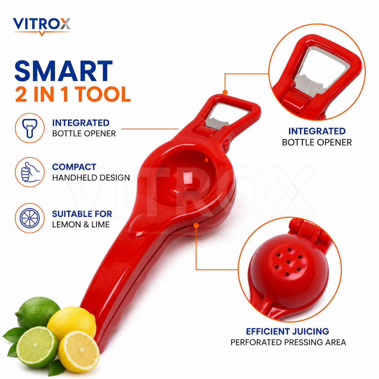 Vitrox 2 in 1 Manual Lemon Squeezer with Bottle Opener – Red Plastic Citrus Juicer for Kitchen