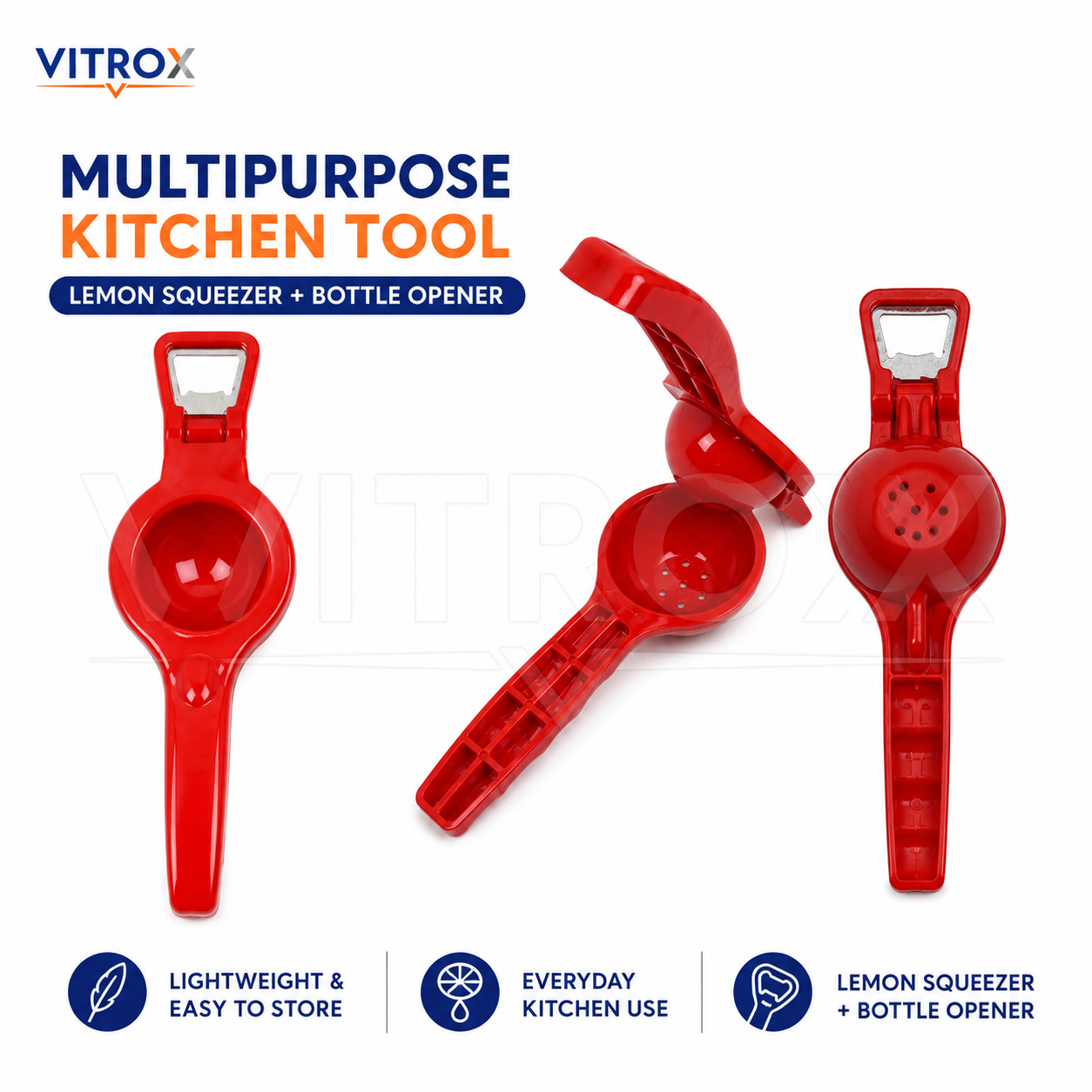 Vitrox 2 in 1 Manual Lemon Squeezer with Bottle Opener – Red Plastic Citrus Juicer for Kitchen