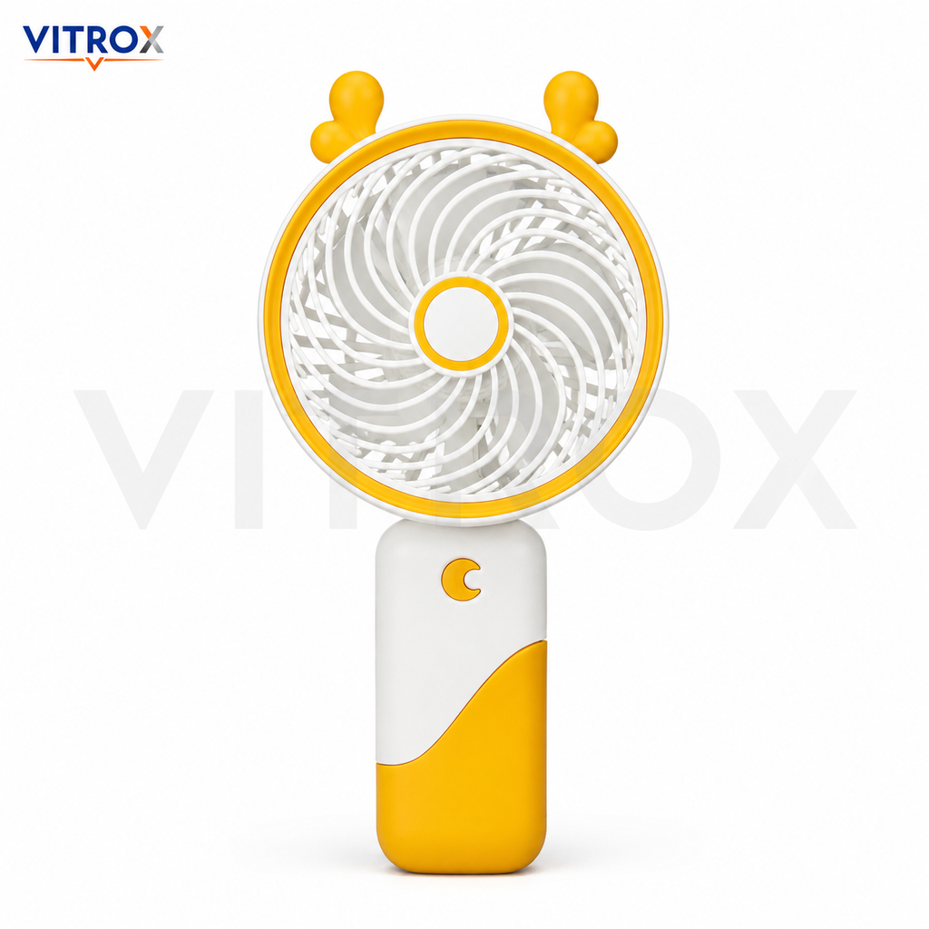 Vitrox Portable Handheld Mini Fan with Built-in Light, USB Type-C Rechargeable Fan, 3 Speed Wind, Holder Stand Included – Yellow & White