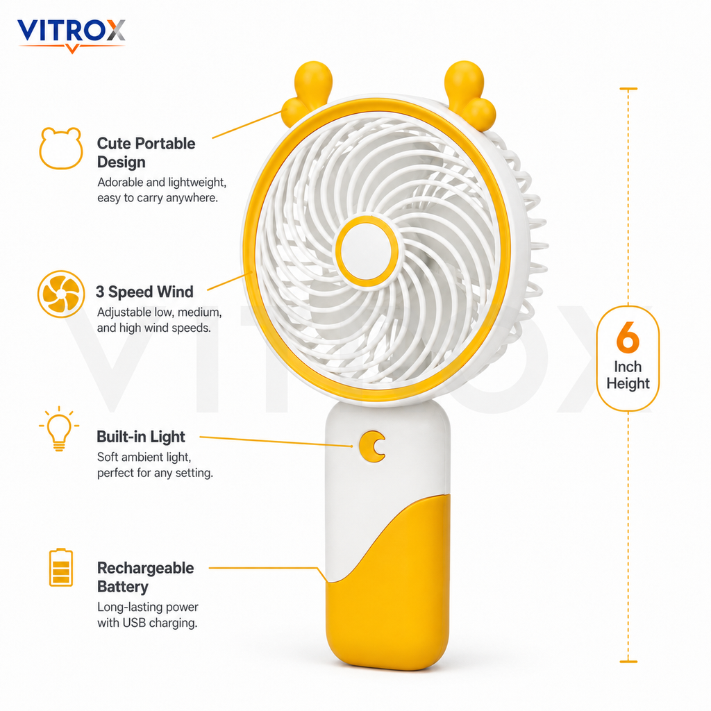 Vitrox Portable Handheld Mini Fan with Built-in Light, USB Type-C Rechargeable Fan, 3 Speed Wind, Holder Stand Included – Yellow & White