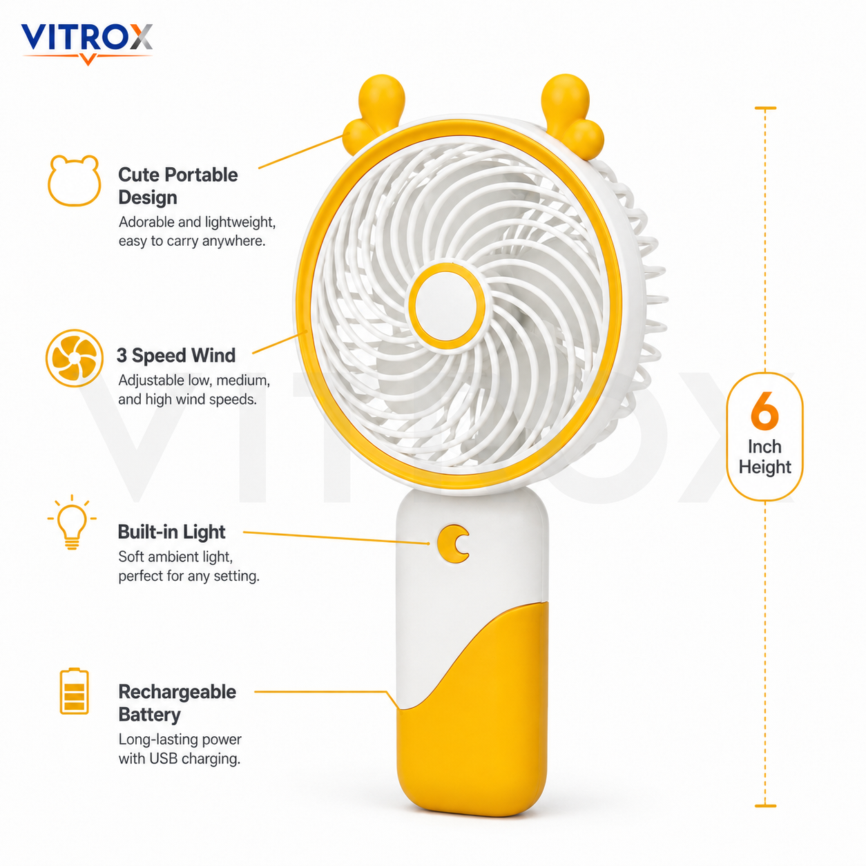 Vitrox Portable Handheld Mini Fan with Built-in Light, USB Type-C Rechargeable Fan, 3 Speed Wind, Holder Stand Included – Yellow & White