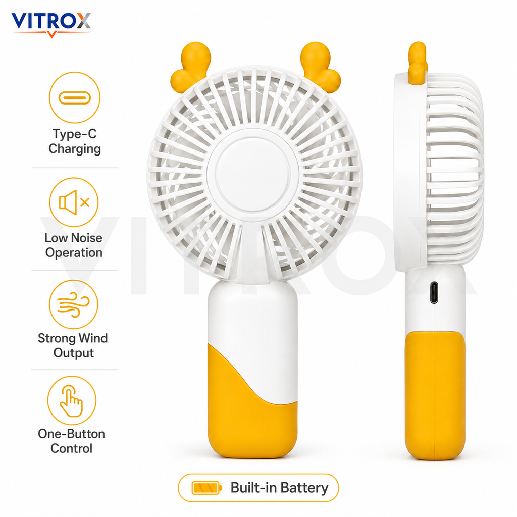 Vitrox Portable Handheld Mini Fan with Built-in Light, USB Type-C Rechargeable Fan, 3 Speed Wind, Holder Stand Included – Yellow & White