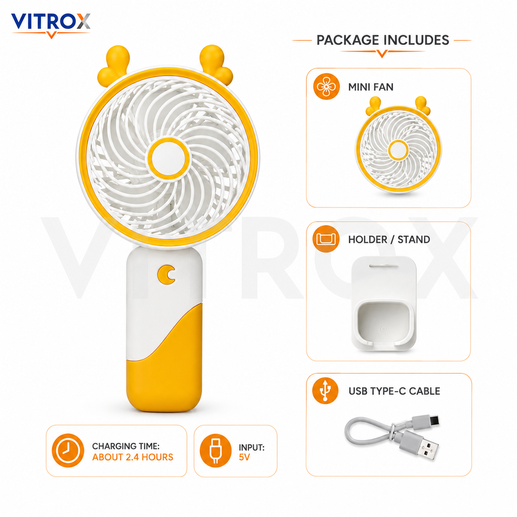 Vitrox Portable Handheld Mini Fan with Built-in Light, USB Type-C Rechargeable Fan, 3 Speed Wind, Holder Stand Included – Yellow & White