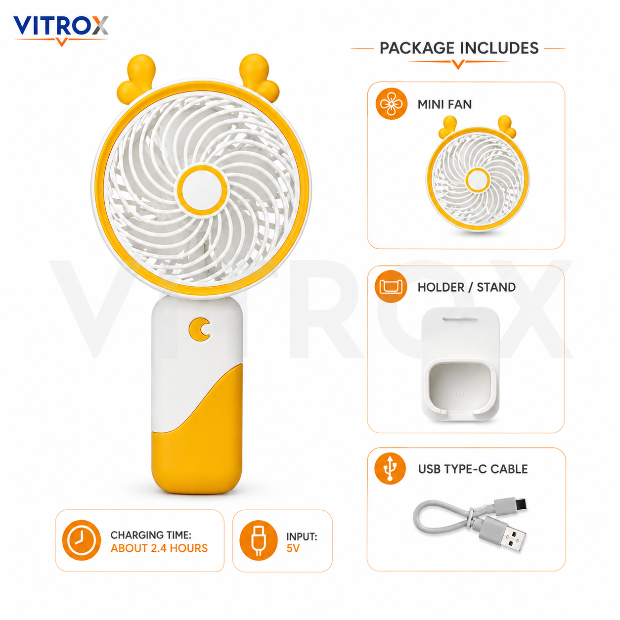 Vitrox Portable Handheld Mini Fan with Built-in Light, USB Type-C Rechargeable Fan, 3 Speed Wind, Holder Stand Included – Yellow & White