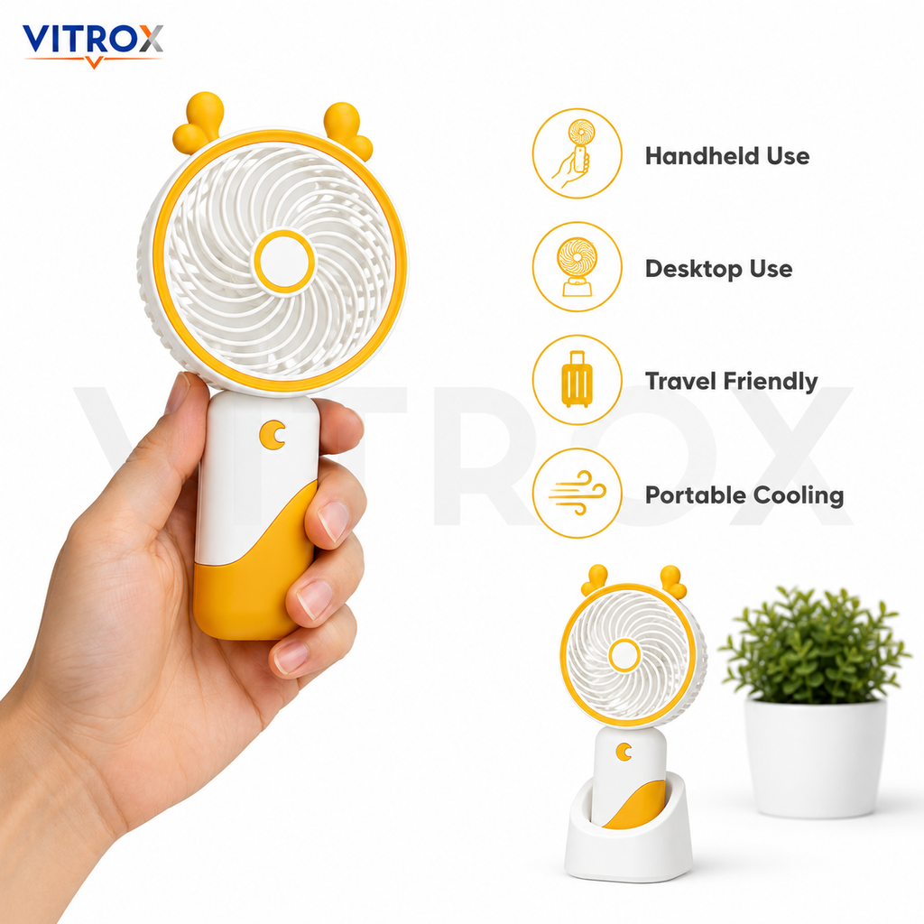 Vitrox Portable Handheld Mini Fan with Built-in Light, USB Type-C Rechargeable Fan, 3 Speed Wind, Holder Stand Included – Yellow & White