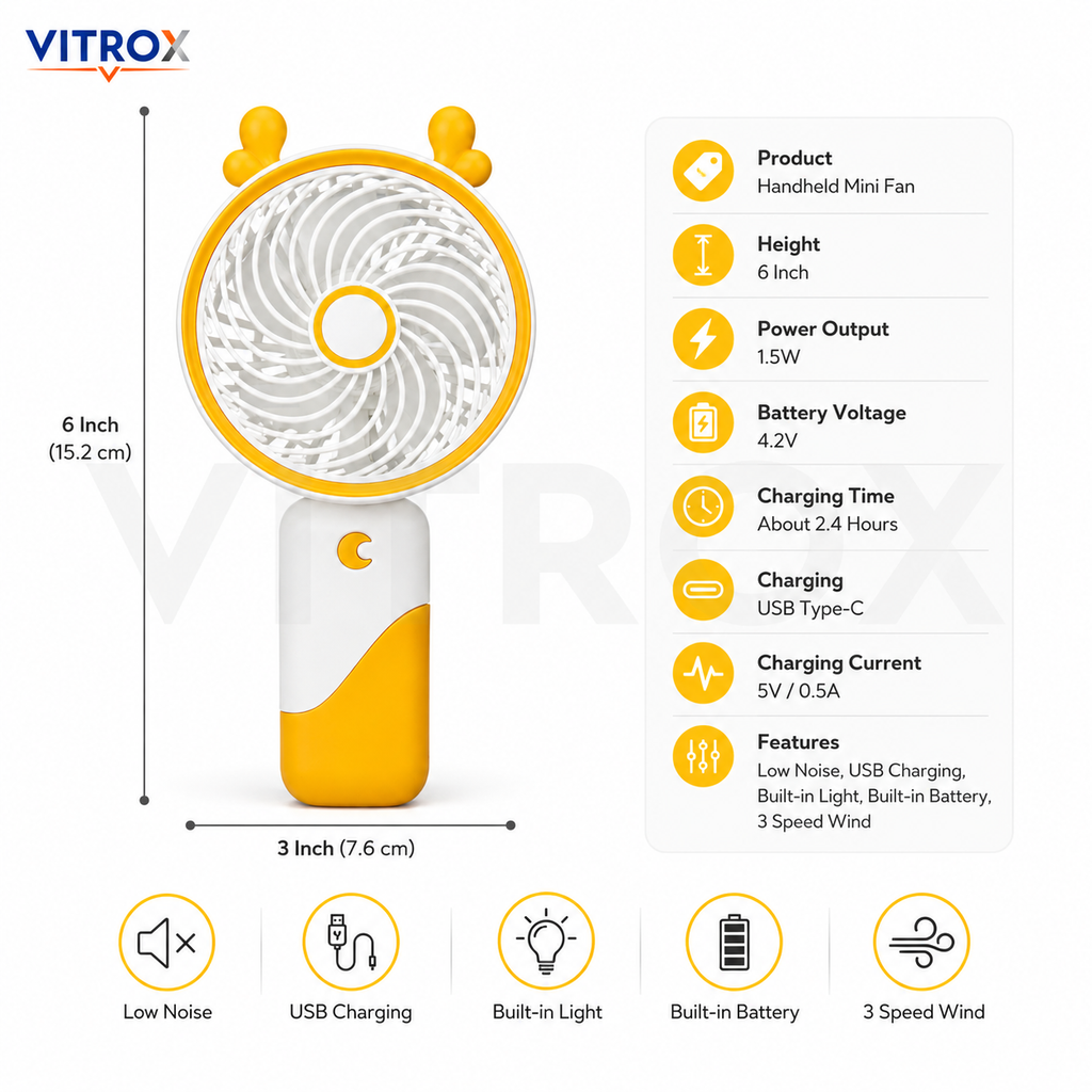Vitrox Portable Handheld Mini Fan with Built-in Light, USB Type-C Rechargeable Fan, 3 Speed Wind, Holder Stand Included – Yellow & White