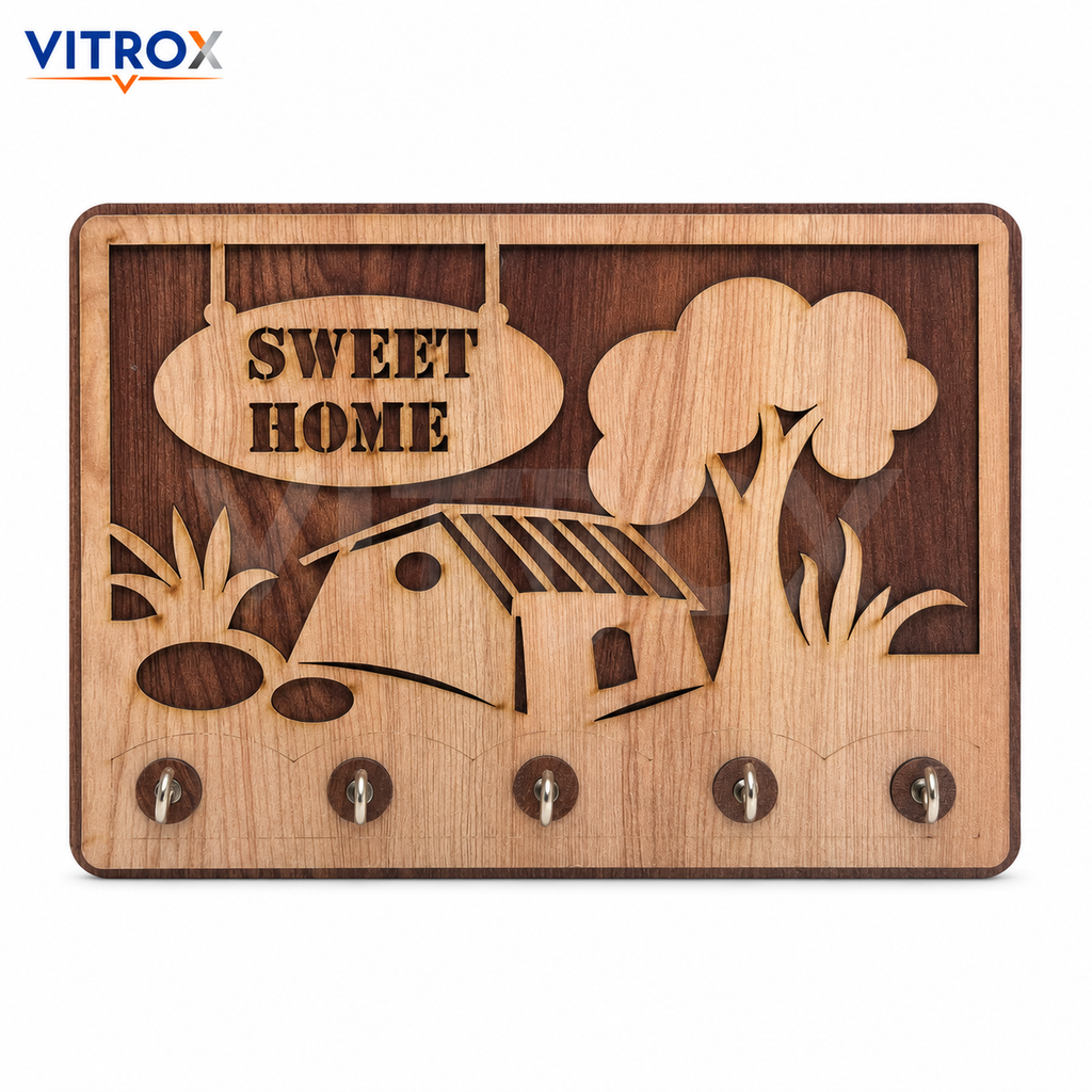 VITROX Sweet Home Decorative Wooden Key Holder with 5 Metal Hooks – Wall Mount Key Organizer – Natural Wood & Dark Brown