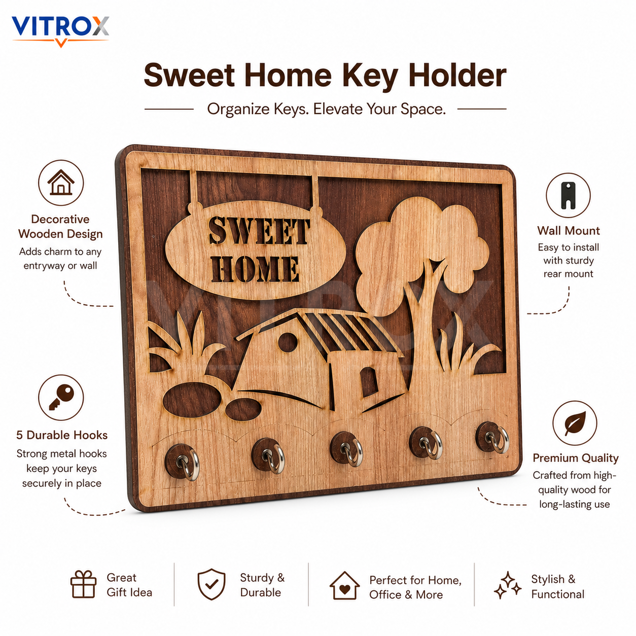 VITROX Sweet Home Decorative Wooden Key Holder with 5 Metal Hooks – Wall Mount Key Organizer – Natural Wood & Dark Brown