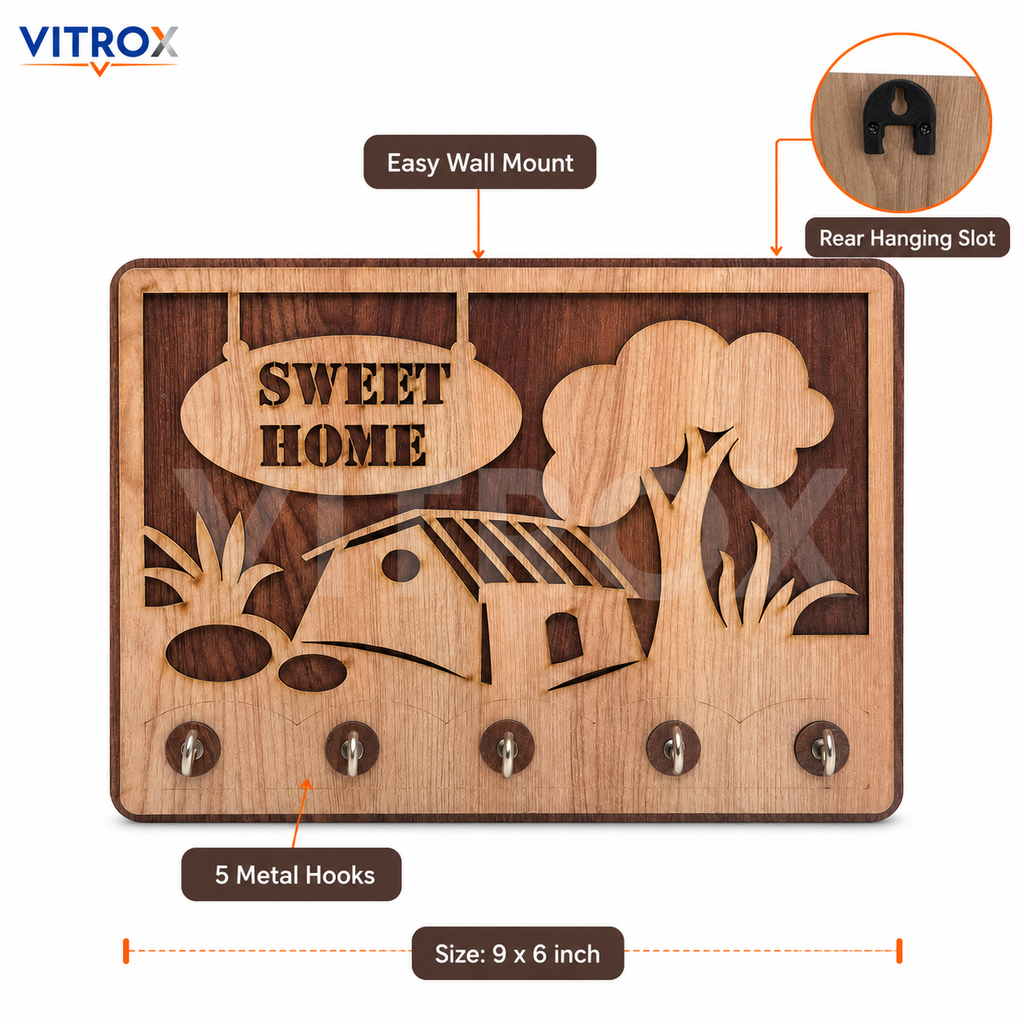 VITROX Sweet Home Decorative Wooden Key Holder with 5 Metal Hooks – Wall Mount Key Organizer – Natural Wood & Dark Brown