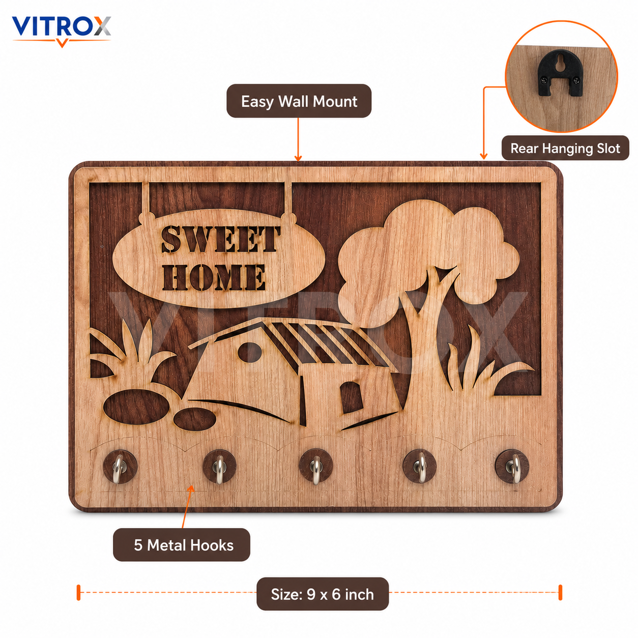 VITROX Sweet Home Decorative Wooden Key Holder with 5 Metal Hooks – Wall Mount Key Organizer – Natural Wood & Dark Brown