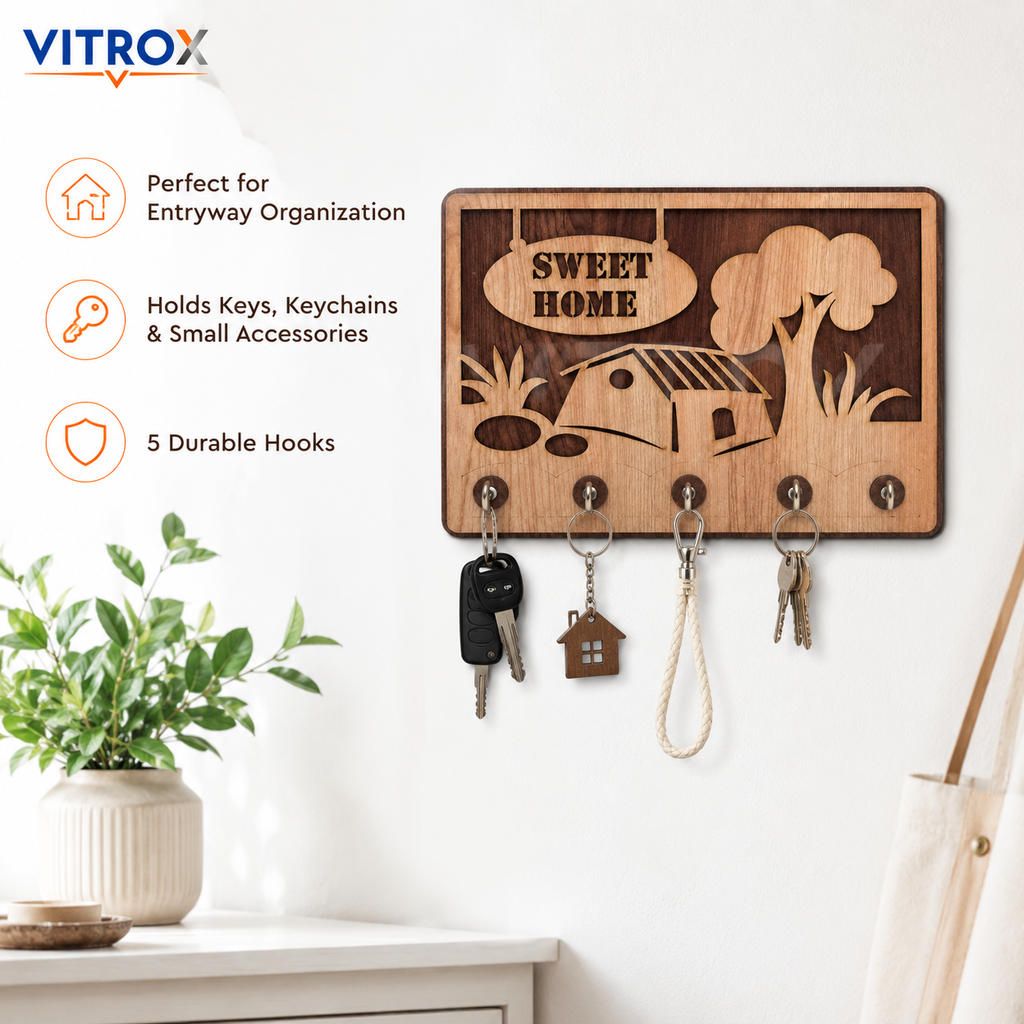VITROX Sweet Home Decorative Wooden Key Holder with 5 Metal Hooks – Wall Mount Key Organizer – Natural Wood & Dark Brown