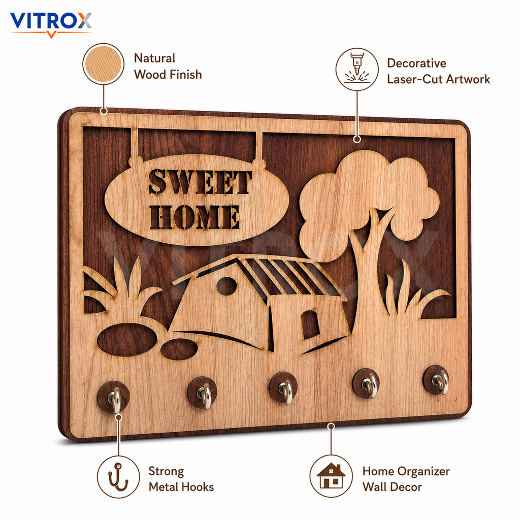 VITROX Sweet Home Decorative Wooden Key Holder with 5 Metal Hooks – Wall Mount Key Organizer – Natural Wood & Dark Brown
