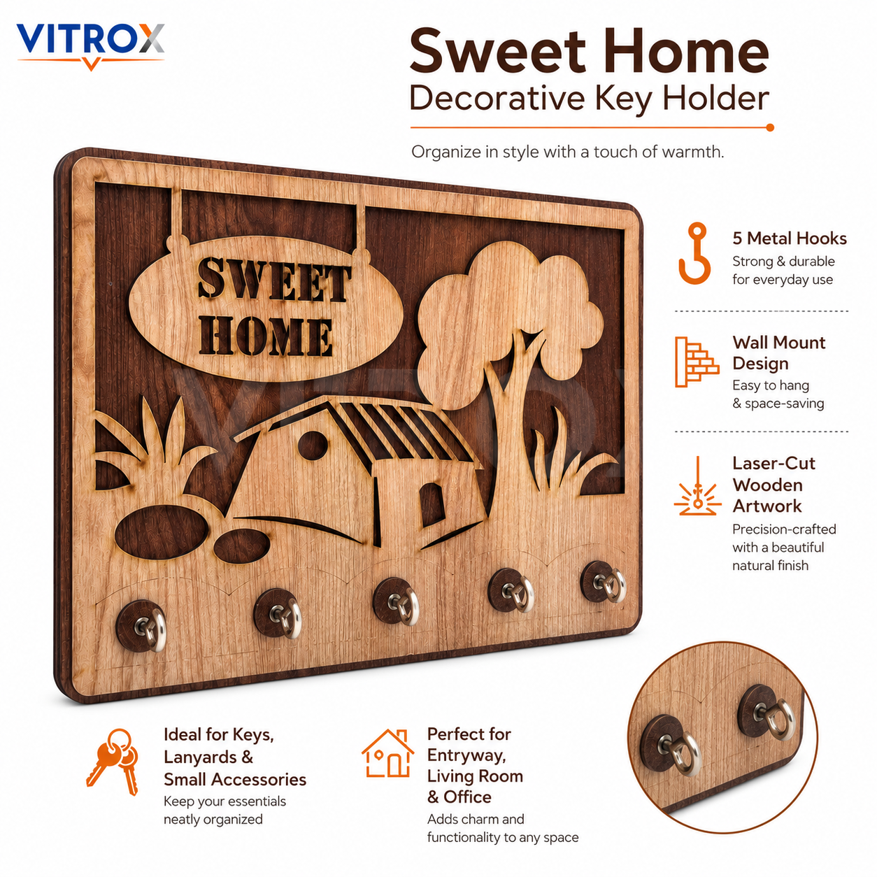 VITROX Sweet Home Decorative Wooden Key Holder with 5 Metal Hooks – Wall Mount Key Organizer – Natural Wood & Dark Brown