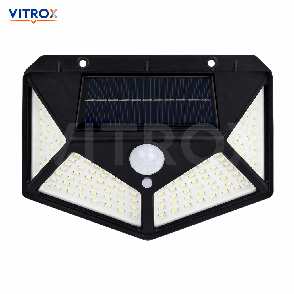 Vitrox 100 LED Solar Motion Sensor Wall Light – Black Outdoor Waterproof Security Lamp, 3 Lighting Modes
