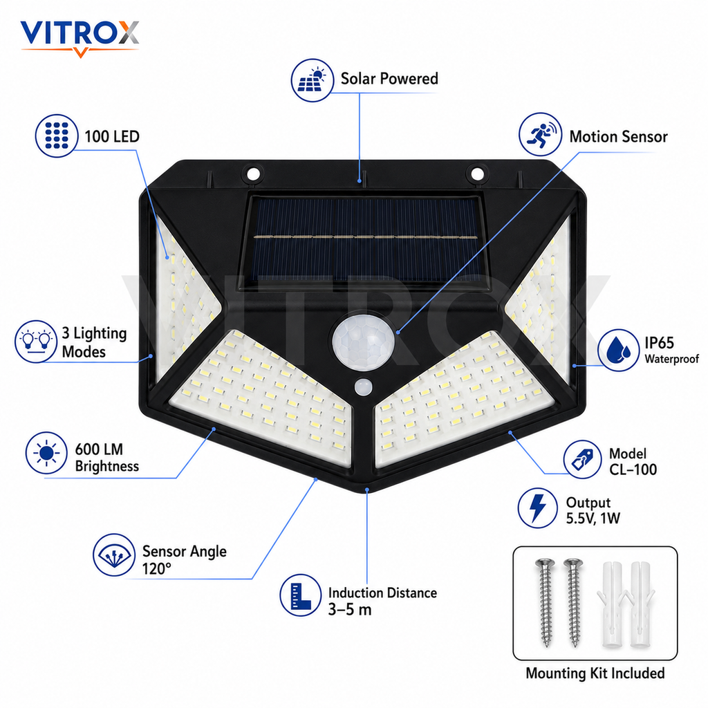 Vitrox 100 LED Solar Motion Sensor Wall Light – Black Outdoor Waterproof Security Lamp, 3 Lighting Modes