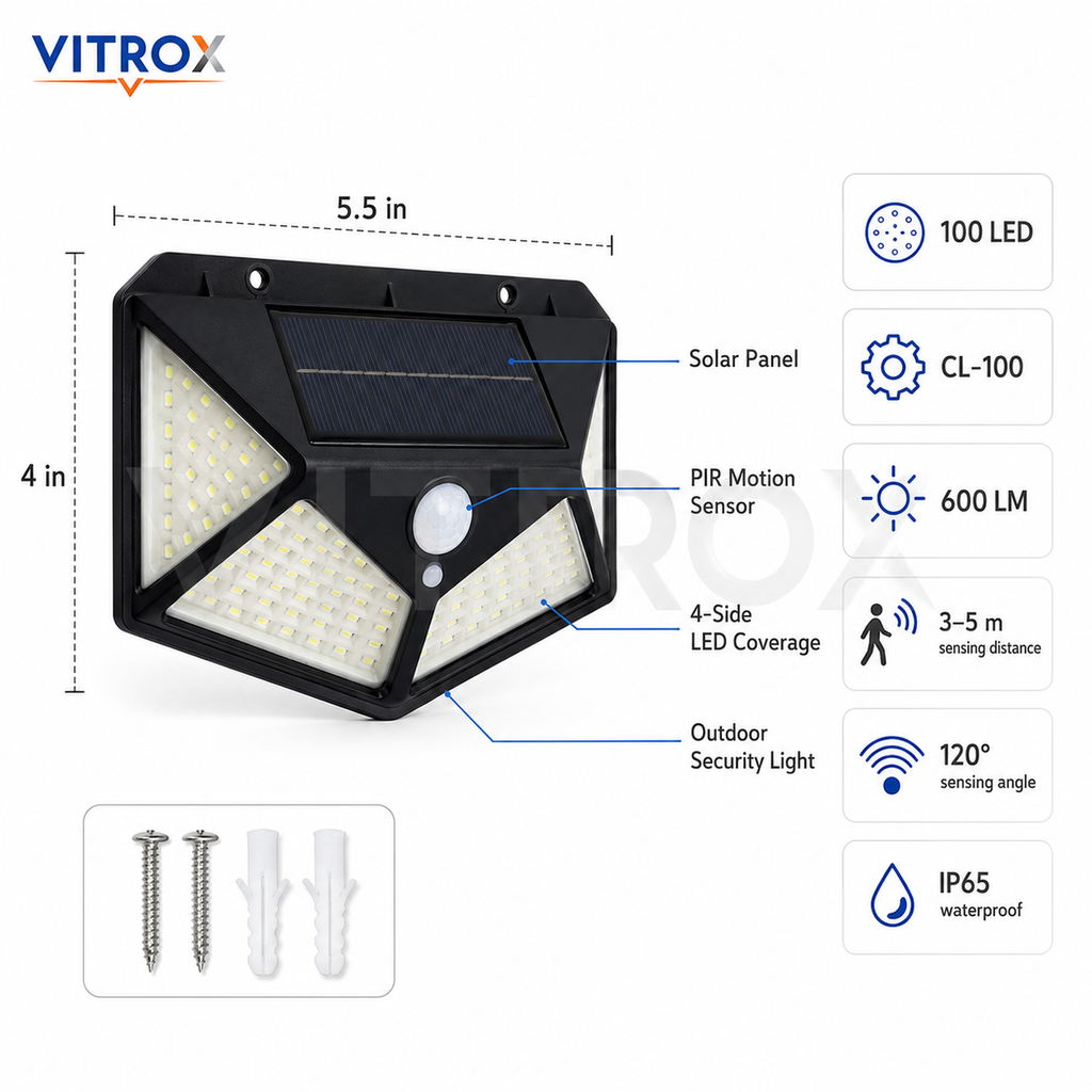 Vitrox 100 LED Solar Motion Sensor Wall Light – Black Outdoor Waterproof Security Lamp, 3 Lighting Modes