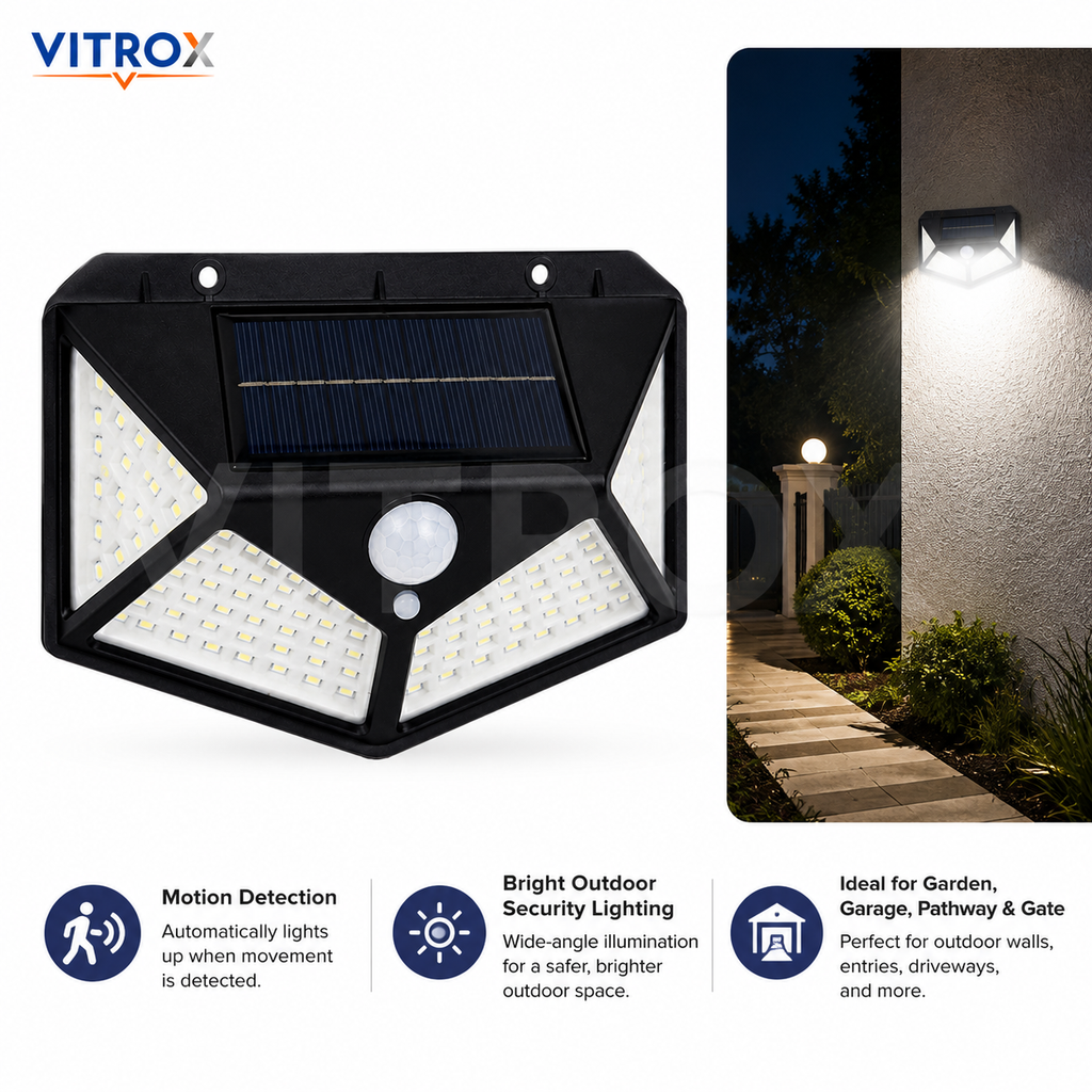 Vitrox 100 LED Solar Motion Sensor Wall Light – Black Outdoor Waterproof Security Lamp, 3 Lighting Modes