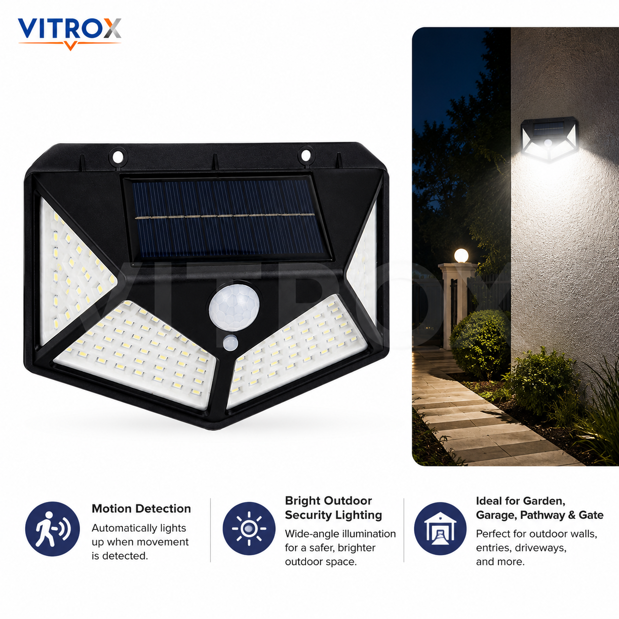 Vitrox 100 LED Solar Motion Sensor Wall Light – Black Outdoor Waterproof Security Lamp, 3 Lighting Modes