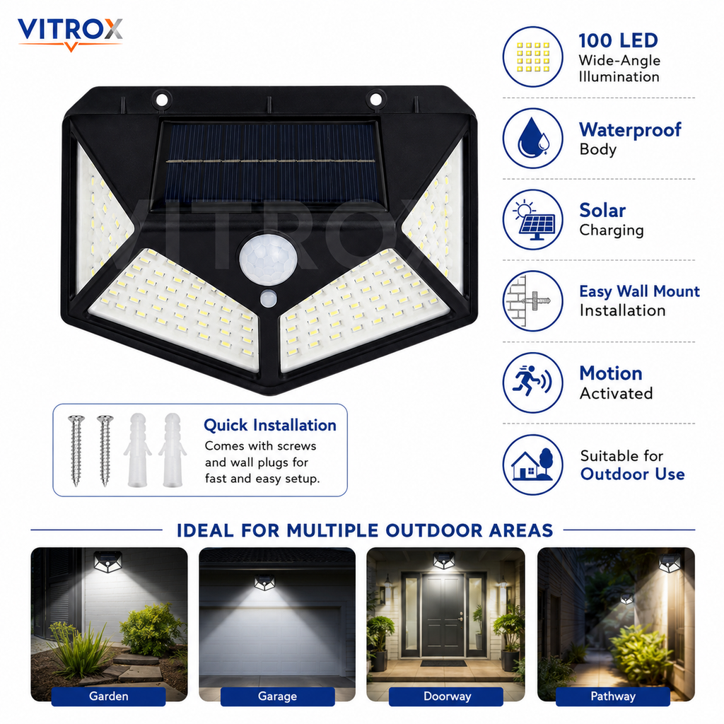 Vitrox 100 LED Solar Motion Sensor Wall Light – Black Outdoor Waterproof Security Lamp, 3 Lighting Modes