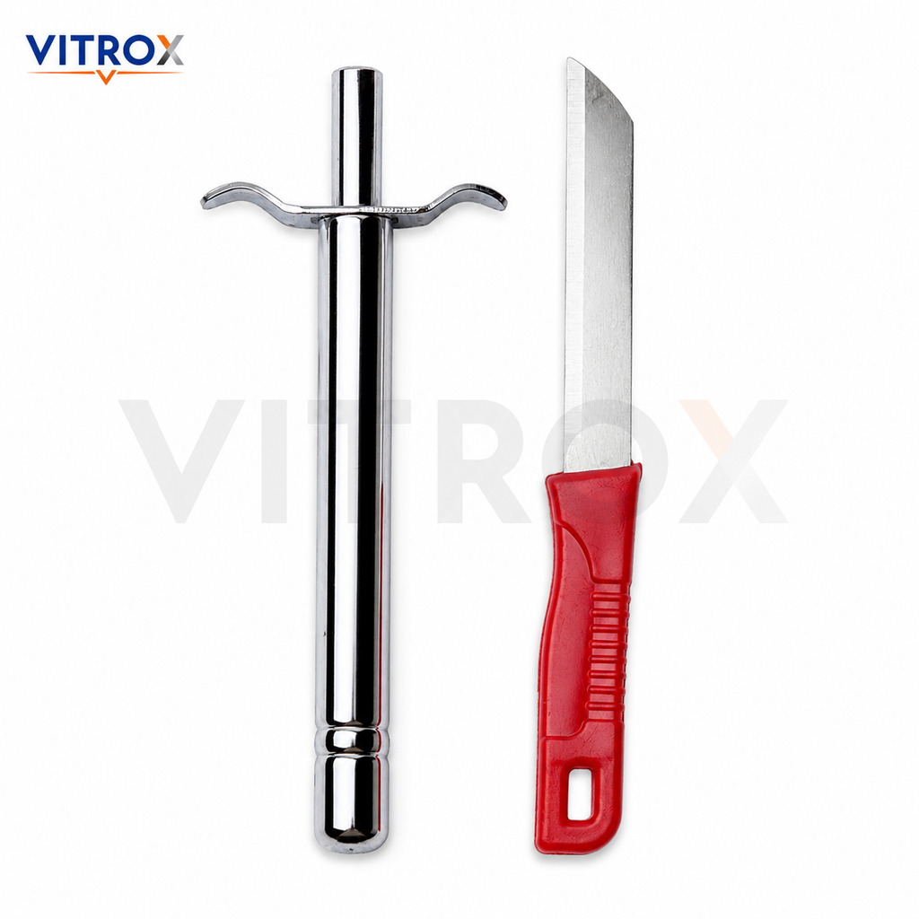 Vitrox 2 Piece Kitchen Prep Tool Set – Utility Knife & Chrome Metal Kitchen Tool | Red & Silver
