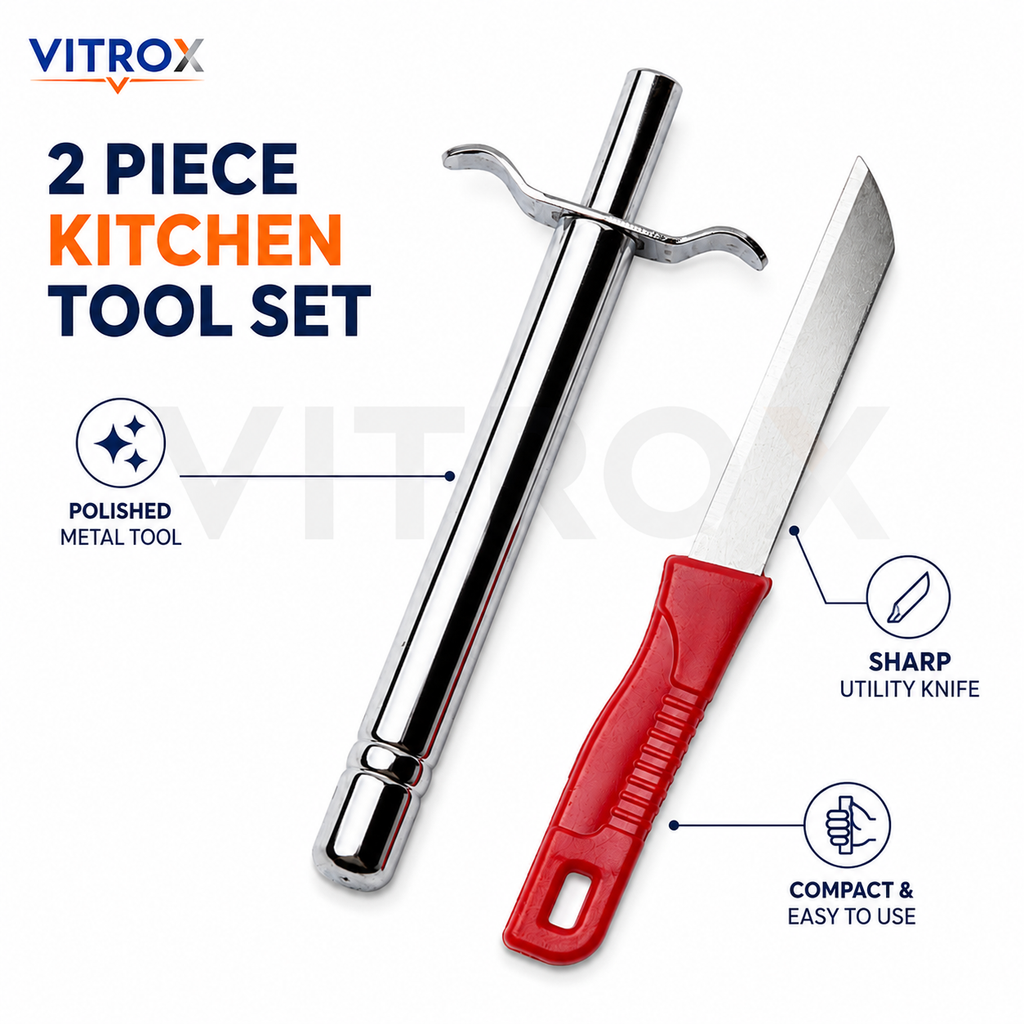 Vitrox 2 Piece Kitchen Prep Tool Set – Utility Knife & Chrome Metal Kitchen Tool | Red & Silver