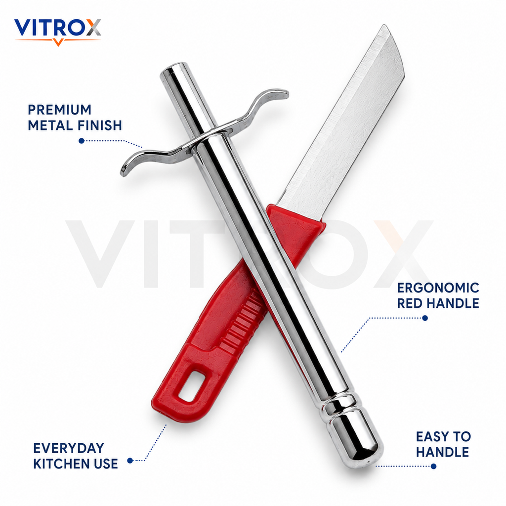 Vitrox 2 Piece Kitchen Prep Tool Set – Utility Knife & Chrome Metal Kitchen Tool | Red & Silver