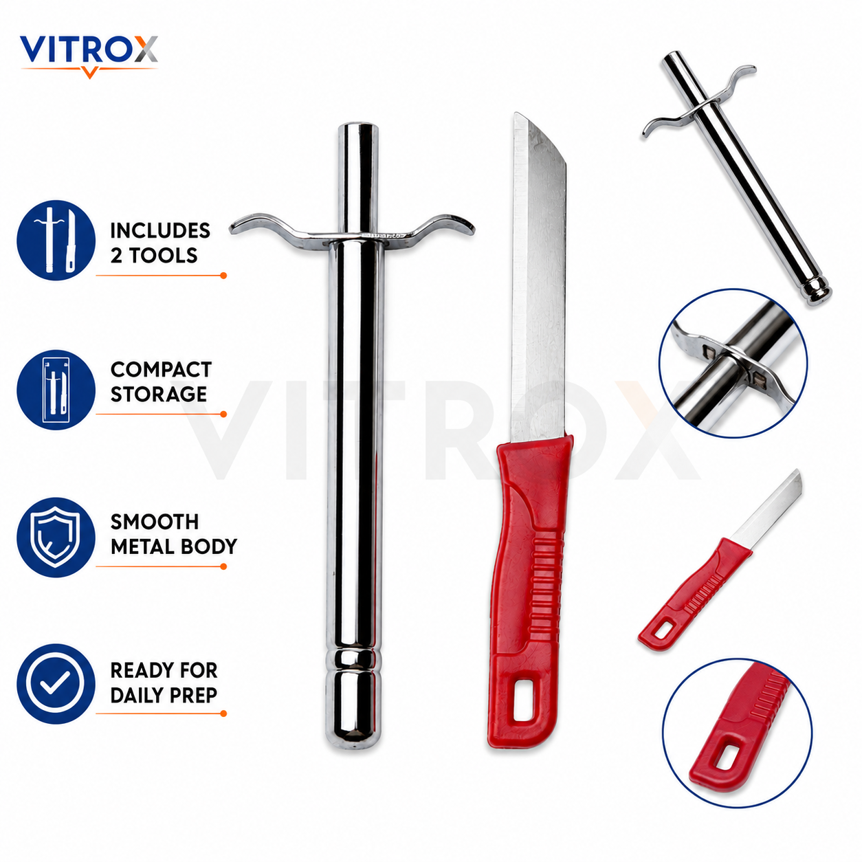 Vitrox 2 Piece Kitchen Prep Tool Set – Utility Knife & Chrome Metal Kitchen Tool | Red & Silver