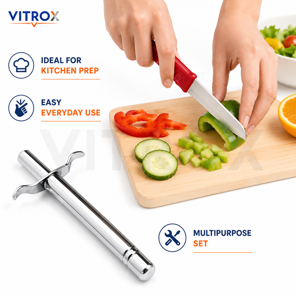 Vitrox 2 Piece Kitchen Prep Tool Set – Utility Knife & Chrome Metal Kitchen Tool | Red & Silver