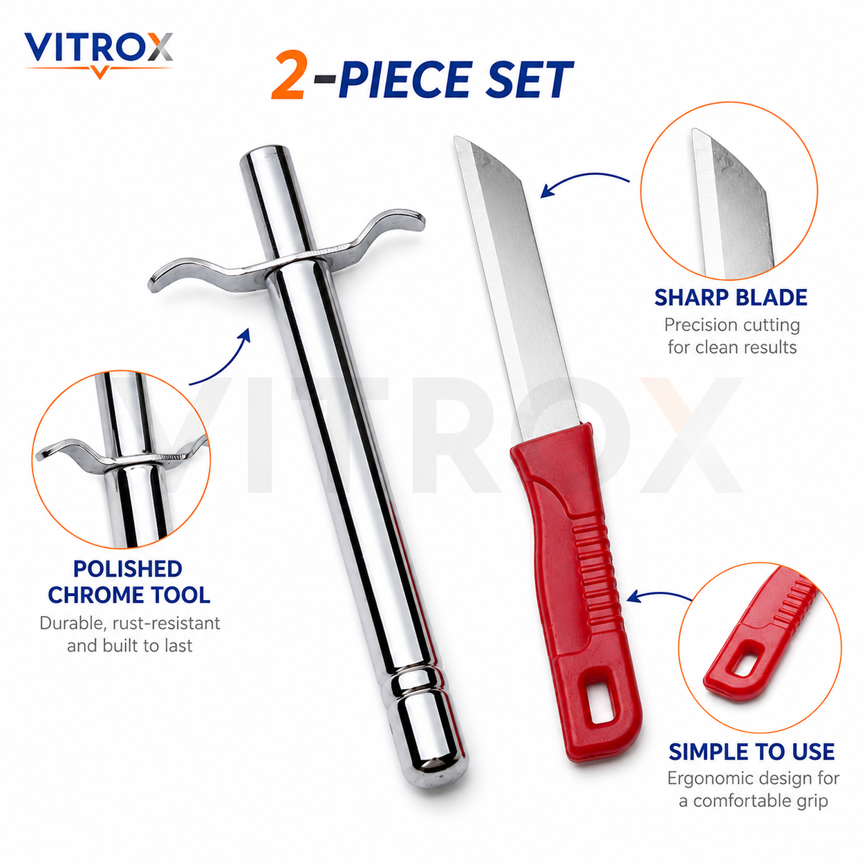 Vitrox 2 Piece Kitchen Prep Tool Set – Utility Knife & Chrome Metal Kitchen Tool | Red & Silver