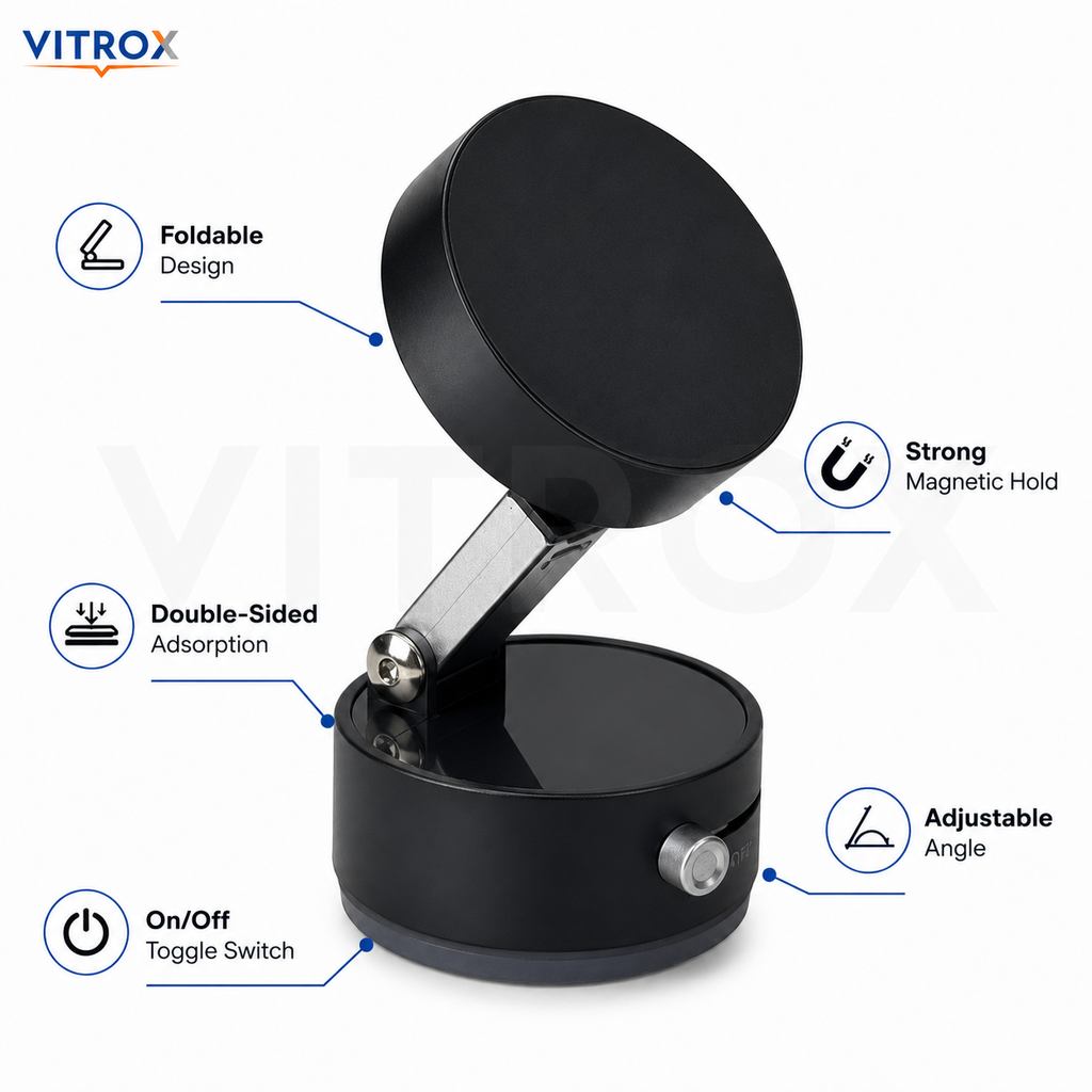 Vitrox Black Foldable Vacuum Suction Magnetic Phone Holder – Adjustable Mobile Stand for Car, Desk & Mirror