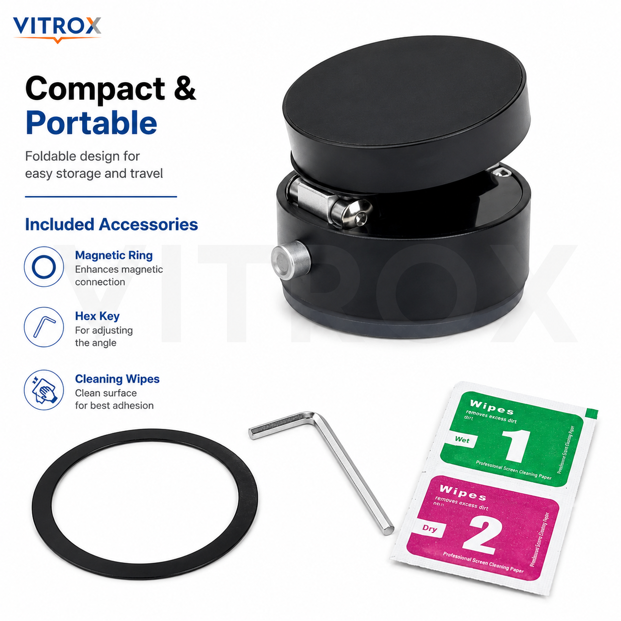 Vitrox Black Foldable Vacuum Suction Magnetic Phone Holder – Adjustable Mobile Stand for Car, Desk & Mirror